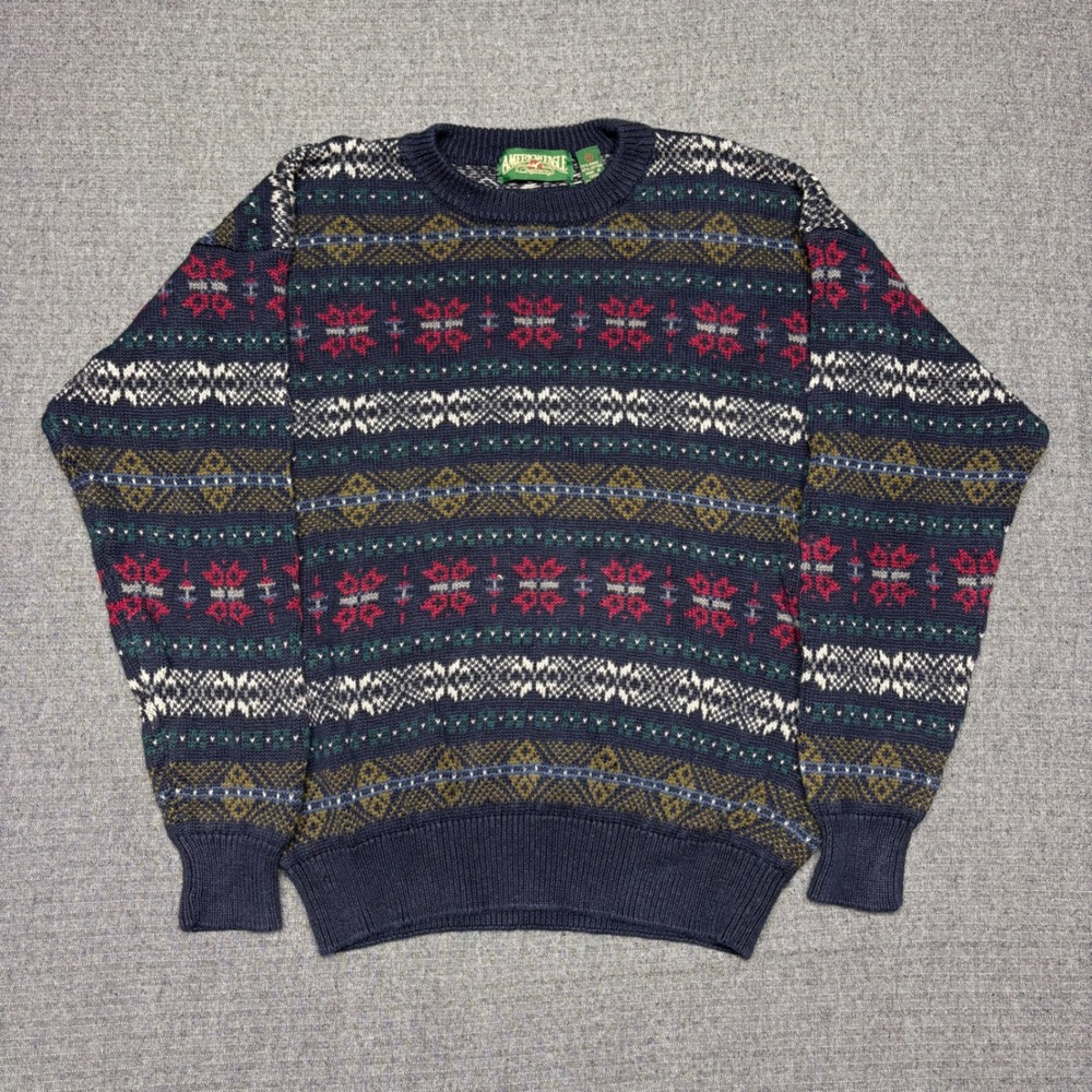 American Eagle Mens Vintage Fair Isle Knit Sweater Navy Blue Ramie Cotton Medium